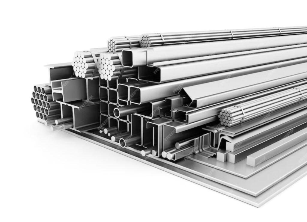 Diferentes produtos de aço metálico Aço galvanizado Perfis de aço inoxidável renderização em 3D